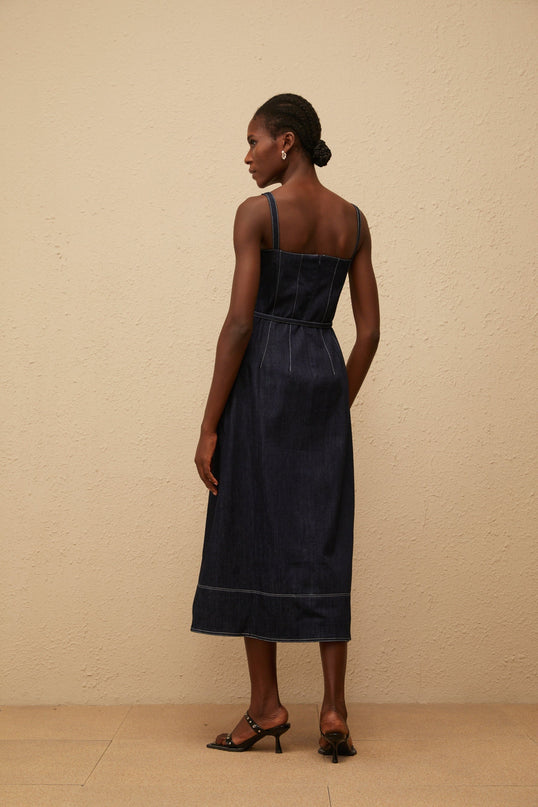 Sabina Indigo Blue Denim Midi Dress with sweetheart neckline and tied waist in luxurious blend of Cotton and Terylene fiber