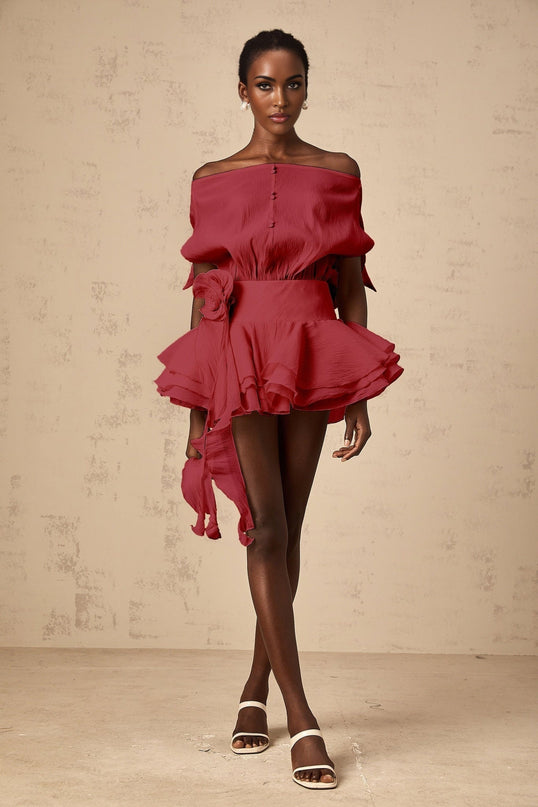 Sabina Red Floral Appliqué Off-Shoulder Mini Dress