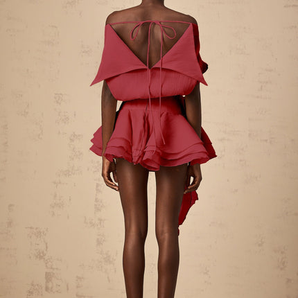 Sabina Red Floral Applique Off-Shoulder Mini Dress with Pleated Detailing and Ribbon Accents
