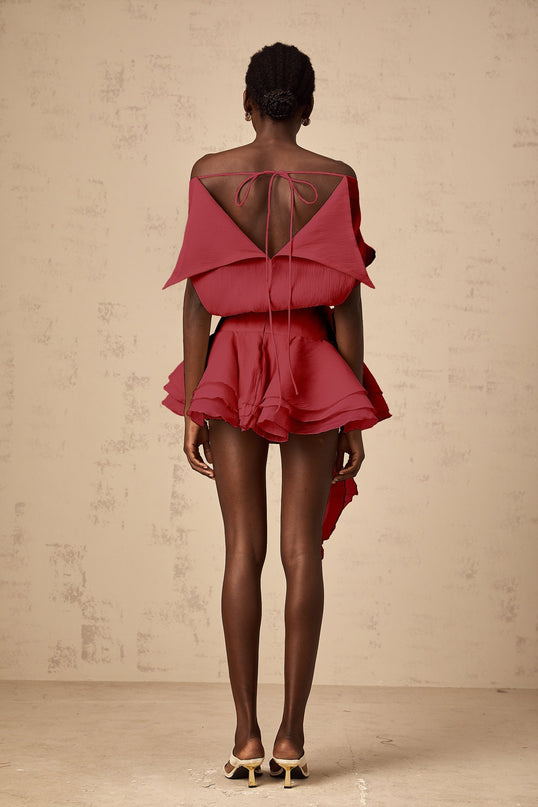 Sabina Red Floral Applique Off-Shoulder Mini Dress with Pleated Detailing and Ribbon Accents