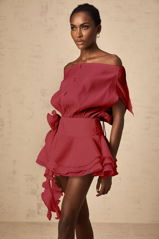 Sabina Red Floral Appliqué Pleated Off-Shoulder Mini Dress
