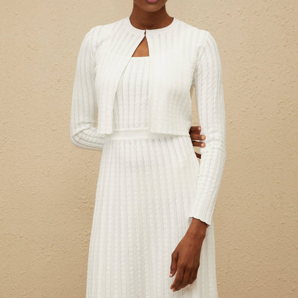 Sabina White Cardigan with Ribbed Knit Construction and Front Hook Fastening