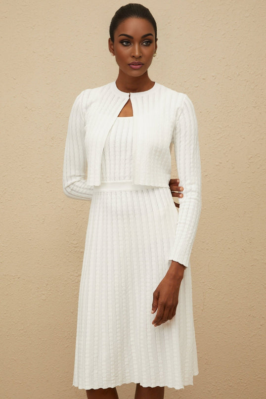 Sabina White Cardigan with Ribbed Knit Construction and Front Hook Fastening