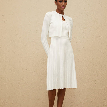 Sabina White Cardigan with Ribbed Knit Construction and Front Hook Fastening