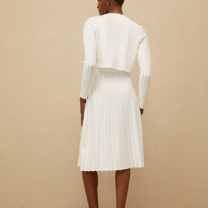 Sabina White Cardigan Ribbed Knit Round Neck Hook Fastening Long Sleeves Cropped Silhouette