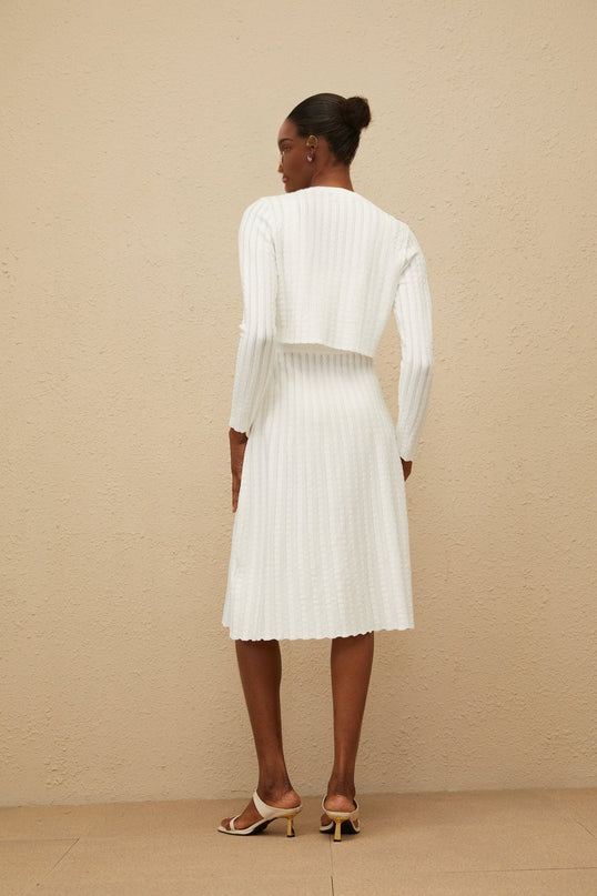 Sabina White Cardigan Ribbed Knit Round Neck Hook Fastening Long Sleeves Cropped Silhouette