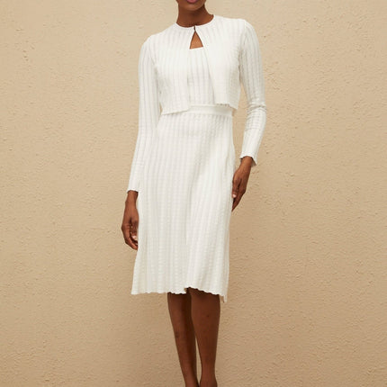 Sabina White Cardigan with Ribbed Knit Construction and Round Neck