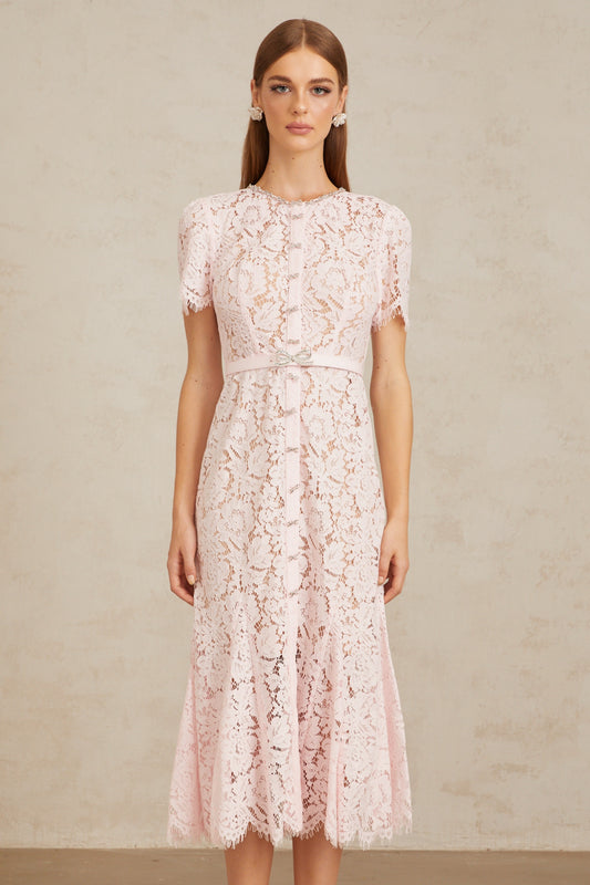 Sabine Pink Floral Lace Mermaid Midi Dress