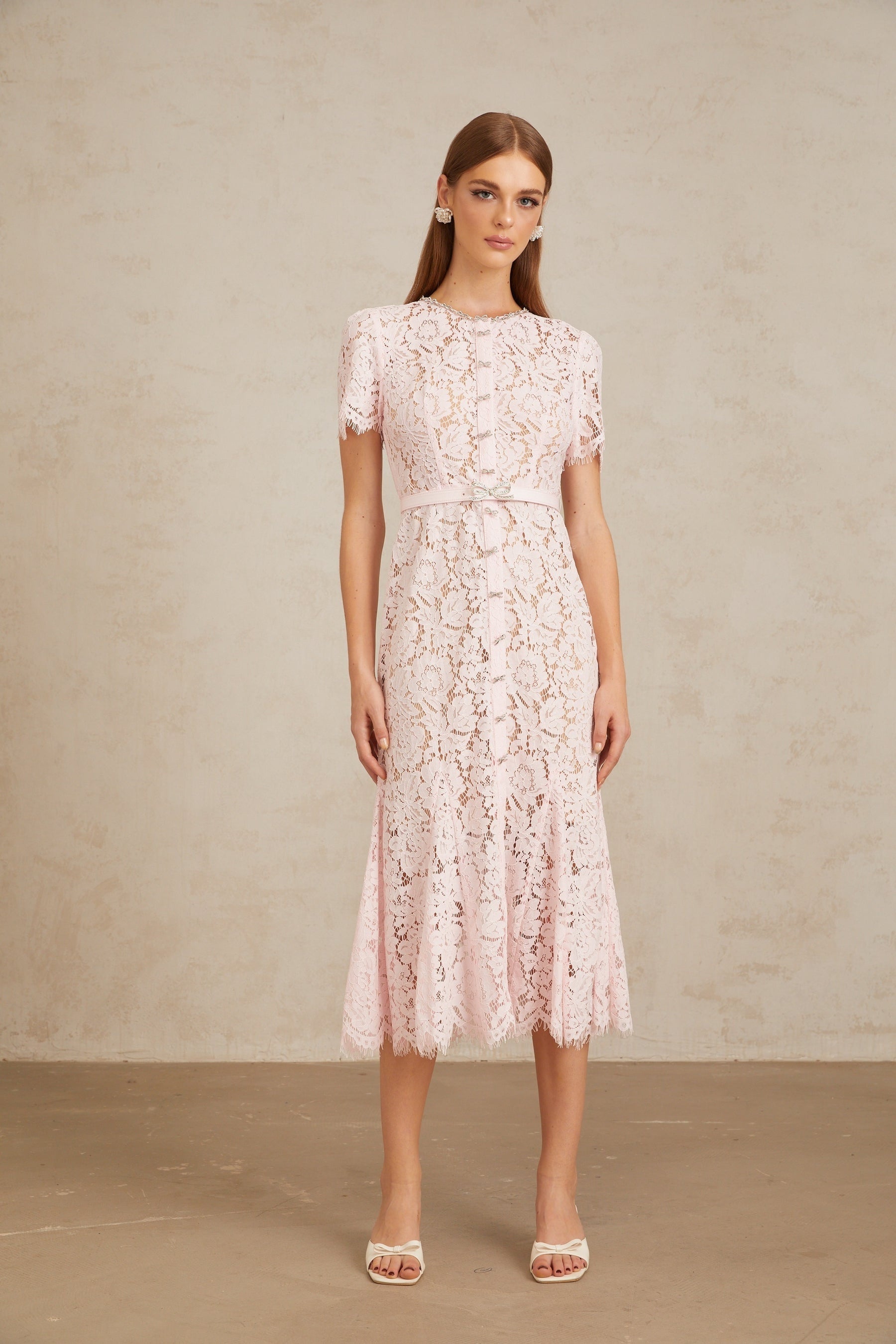 Sabine Pink Floral Lace Mermaid Midi Dress