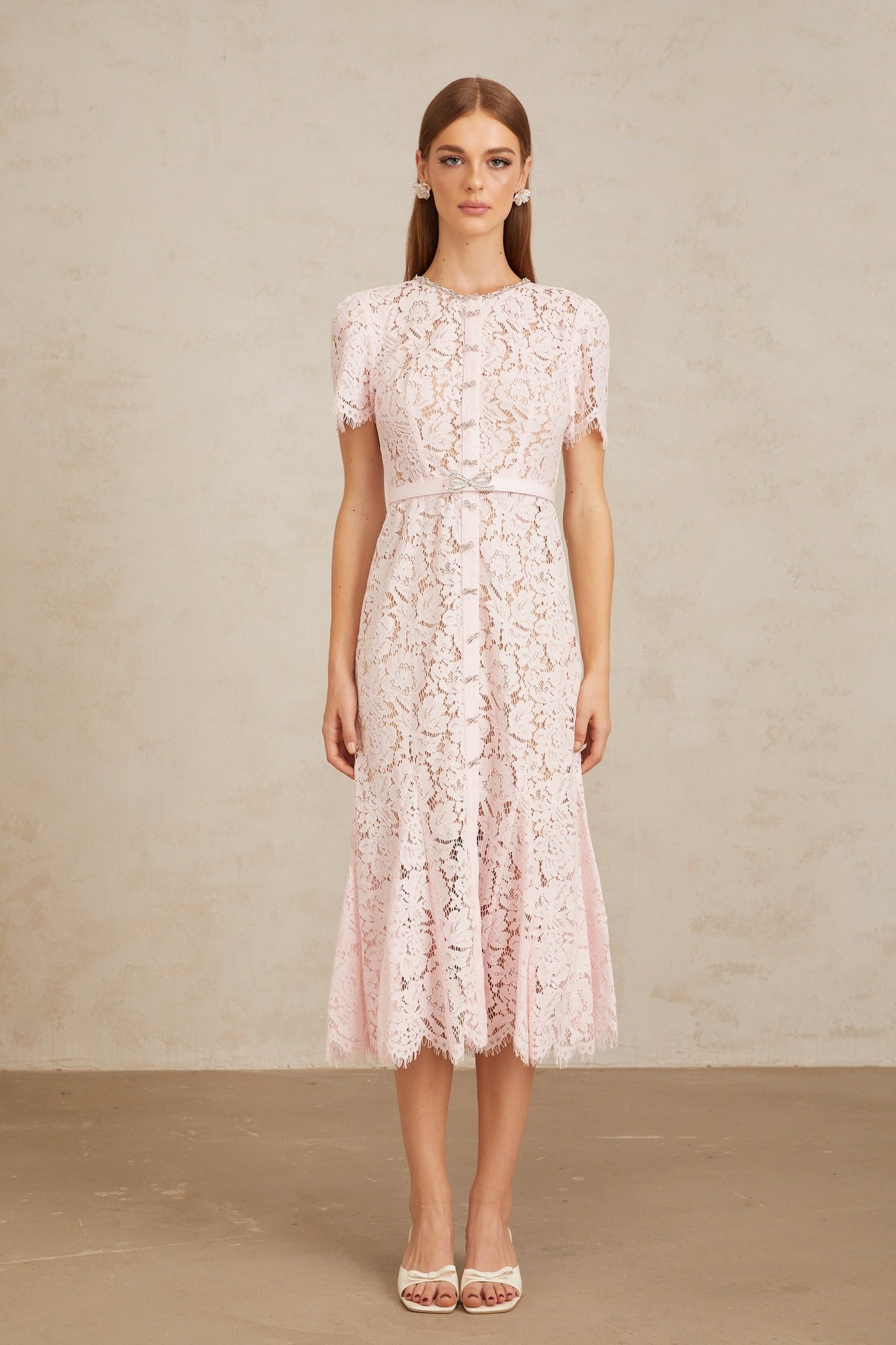 Sabine Pink Floral Lace Mermaid Midi Dress