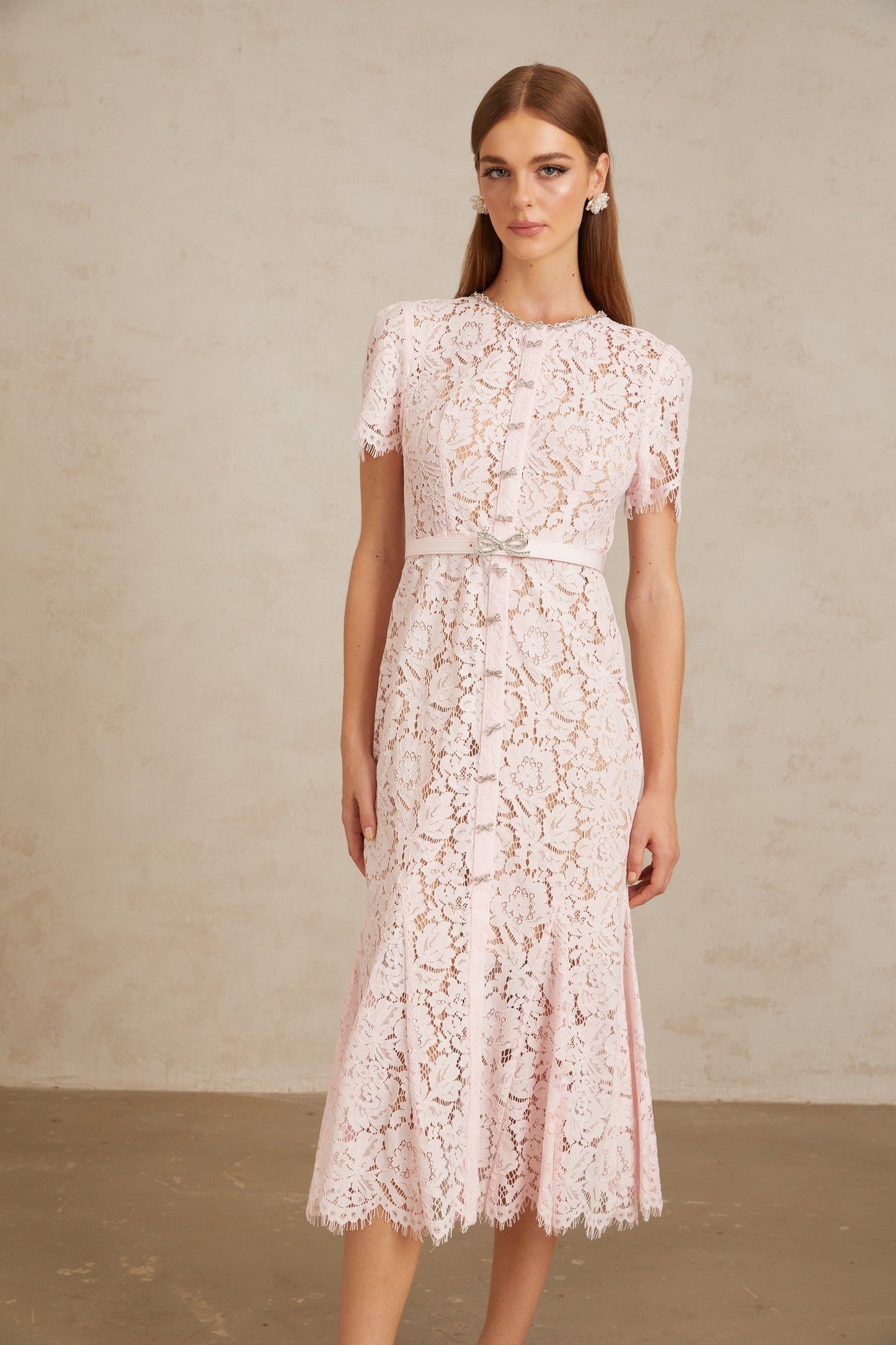 Sabine Pink Floral Lace Mermaid Midi Dress