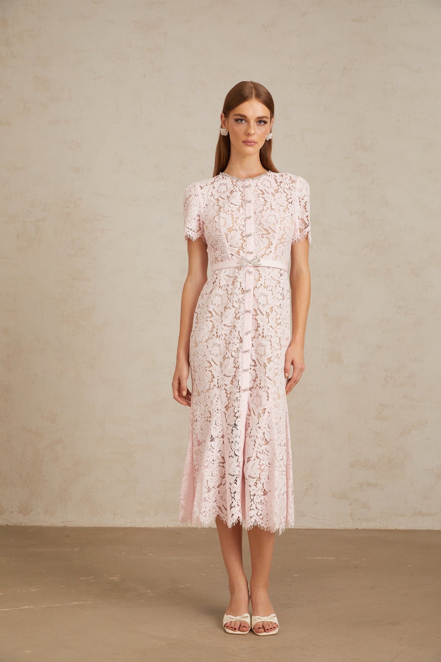 Sabine Pink Floral Lace Mermaid Midi Dress