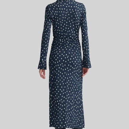 Sabrina Blue Dress Enchanting Elegance high quality synthetic fiber V-neckline pullover closure classic silhouette mid-calf length full sleeves timeless elegance Italy sheath silhouette natural waist luxury ensemble