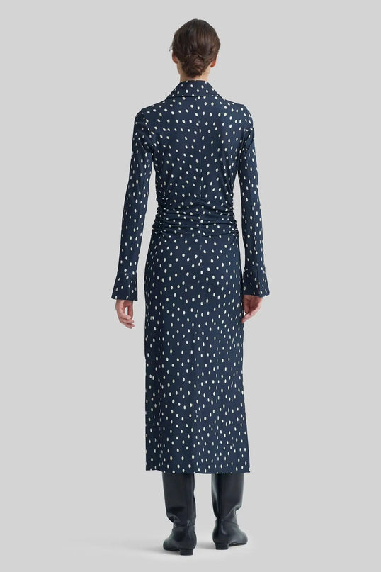 Sabrina Blue Dress Enchanting Elegance high quality synthetic fiber V-neckline pullover closure classic silhouette mid-calf length full sleeves timeless elegance Italy sheath silhouette natural waist luxury ensemble