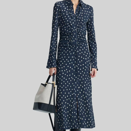 Sabrina Blue Dress Enchanting Elegance Designer Chic V-Neckline Pullover Closure Women's Fashion High Quality Synthetic Fiber Mid-Calf Length Elegant Full Sleeves Timeless Attire Italy Sheath Silhouette Natural Waist Luxury Ensemble