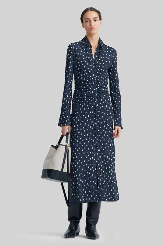 Sabrina Blue Dress Enchanting Elegance Designer Chic V-Neckline Pullover Closure Women's Fashion High Quality Synthetic Fiber Mid-Calf Length Elegant Full Sleeves Timeless Attire Italy Sheath Silhouette Natural Waist Luxury Ensemble