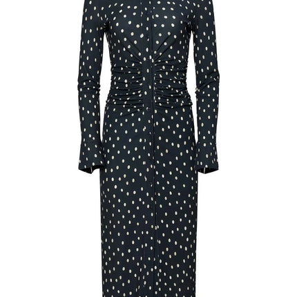 Sabrina Blue Dress Enchanting Elegance designer piece V-neckline pullover closure women classic silhouette mid-calf length full sleeves Italy sheath silhouette natural waist luxury ensemble