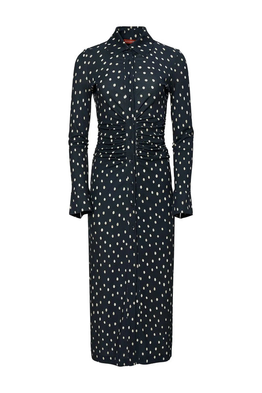 Sabrina Blue Dress Enchanting Elegance designer piece V-neckline pullover closure women classic silhouette mid-calf length full sleeves Italy sheath silhouette natural waist luxury ensemble