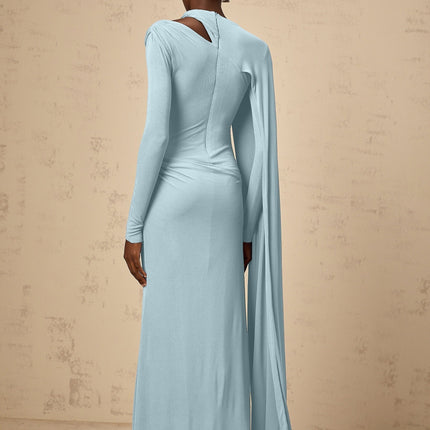 Sabrina Blue Maxi Dress with Shawl Accents and Ruched Detailing
