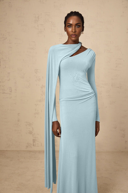 Sabrina Blue Maxi Dress with Shawl Accents and Ruched Detailing