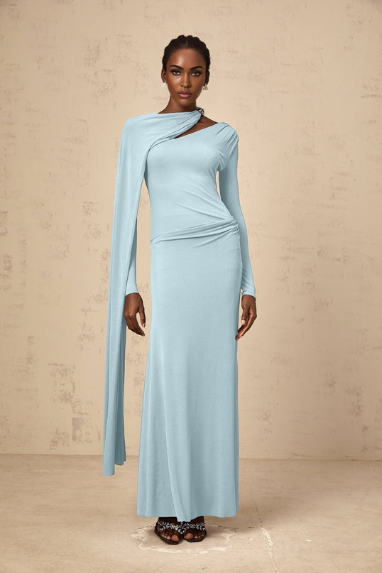 Sabrina Blue Maxi Dress with Shawl Accents and Ruched Detailing