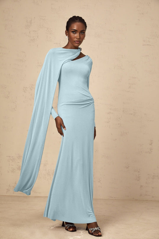 Sabrina Blue Maxi Dress with Shawl Accents and Ruched Detailing