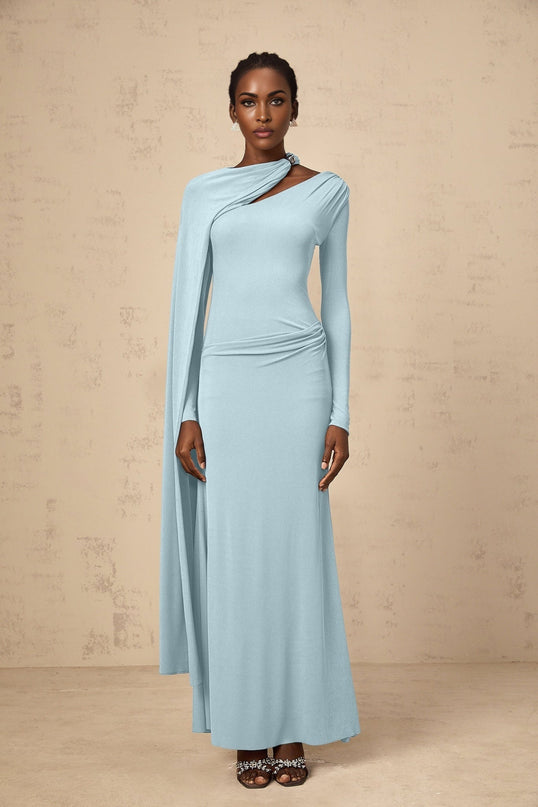 Sabrina Blue Maxi Dress with Diagonal Shawl Design and Ruched Detailing