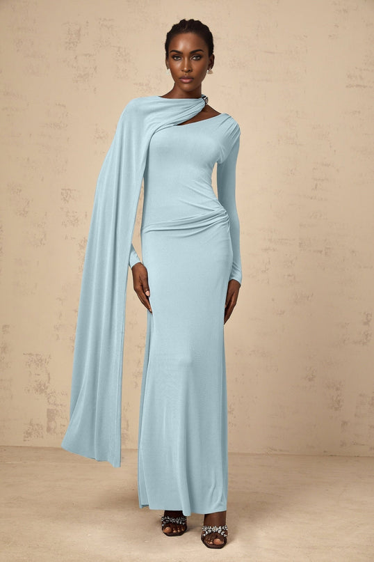 Sabrina Blue Maxi Dress with Diagonal Shawl Design and Ruched Detailing