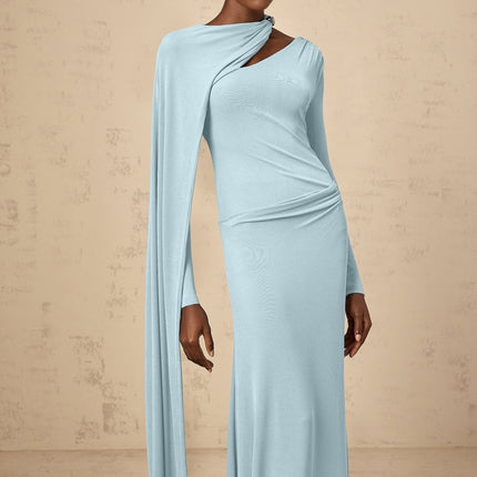 Sabrina Blue Maxi Dress with Diagonal Shawl Design and Ruched Detailing