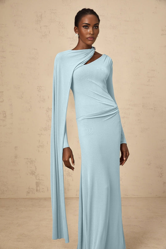 Sabrina Blue Maxi Dress with Diagonal Shawl Design and Ruched Detailing