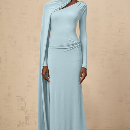 Sabrina Blue Shawl Maxi Dress with Silver-tone Hardware Ruched Detailing Long Sleeves