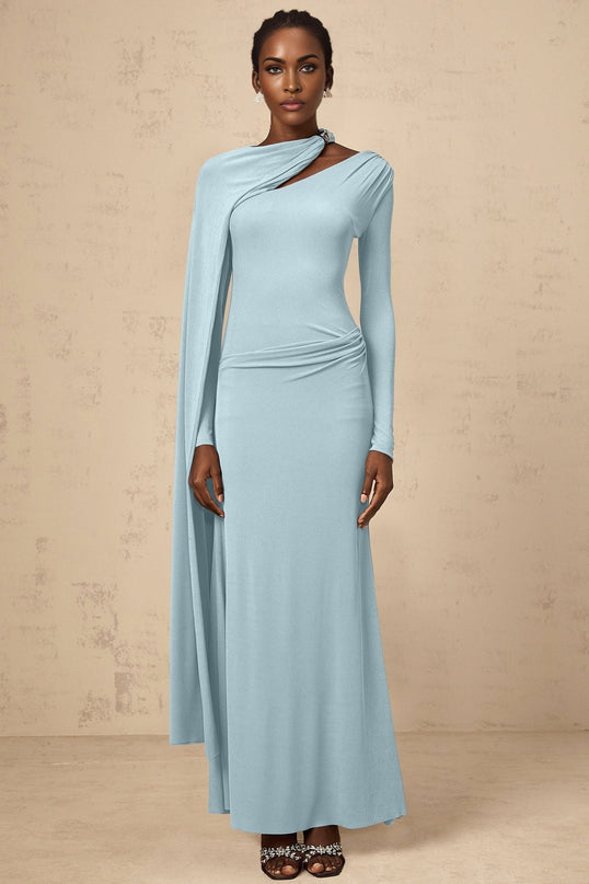 Sabrina Blue Shawl Maxi Dress with Silver-tone Hardware Ruched Detailing Long Sleeves
