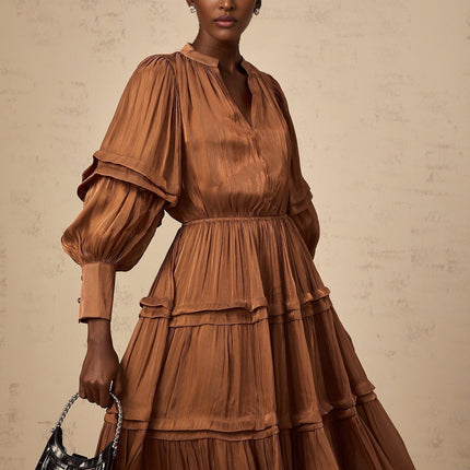 Sabrina Brown Maxi Dress with Puff Sleeves and Ruffled Trim in Terylene Fiber