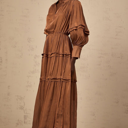 Sabrina Brown Maxi Dress with Puff Sleeves and Ruffled Trim