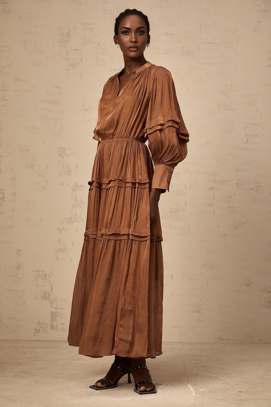 Sabrina Brown Maxi Dress with Puff Sleeves and Ruffled Trim