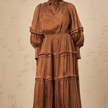 Sabrina Brown Maxi Dress V-neck Long Puff Sleeves Pleated Ruffled Trim Cinched Waist Tiered Skirt Flounce Hem Slip-on Style 100% Terylene Fiber Elegant Sophisticated Chic Statement Piece Luxurious Comfort