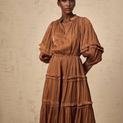 Sabrina Brown Maxi Dress with V-Neck, Puff Sleeves, Pleated Detailing, Ruffled Trim, and Cinched Waist