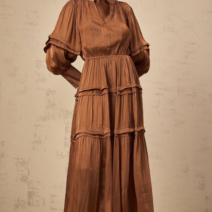 Sabrina Brown Maxi Dress with Puff Sleeves and Tiered Skirt
