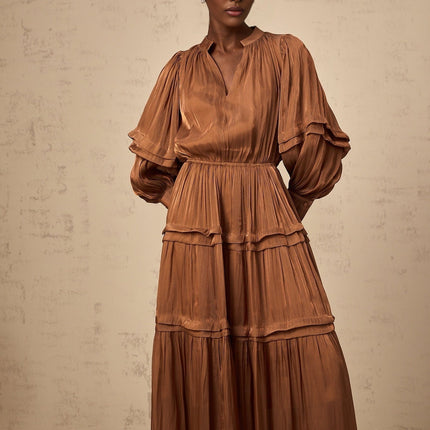 Sabrina Brown Maxi Dress with Puff Sleeves and Ruffled Trim
