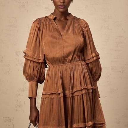 Sabrina Brown Maxi Dress with V-Neck, Puff Sleeves, Pleated Detailing, and Cinched Waist