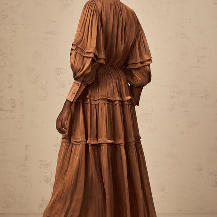 Sabrina Brown Maxi Dress with Long Puff Sleeves and Cinched Waist