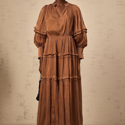Sabrina Brown Maxi Dress with Long Puff Sleeves and Tiered Skirt