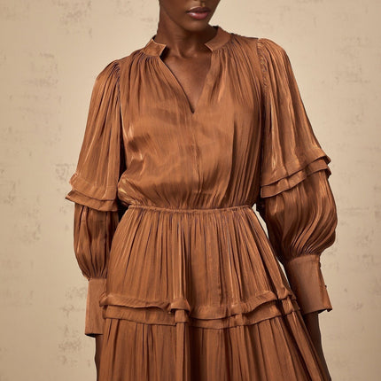 Sabrina Brown Maxi Dress V-Neck Puff Sleeves Pleated Ruffled Trim Cinched Waist Tiered Skirt Flounce Hem Slip-On Style 100% Terylene Fiber Statement Piece