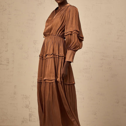 Sabrina Brown Maxi Dress with V-Neck, Long Puff Sleeves, Pleated Detailing, Ruffled Trim, and Cinched Waist