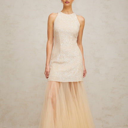Sabrina Champagne Sequin Embellished Maxi Dress with Tulle Paneling