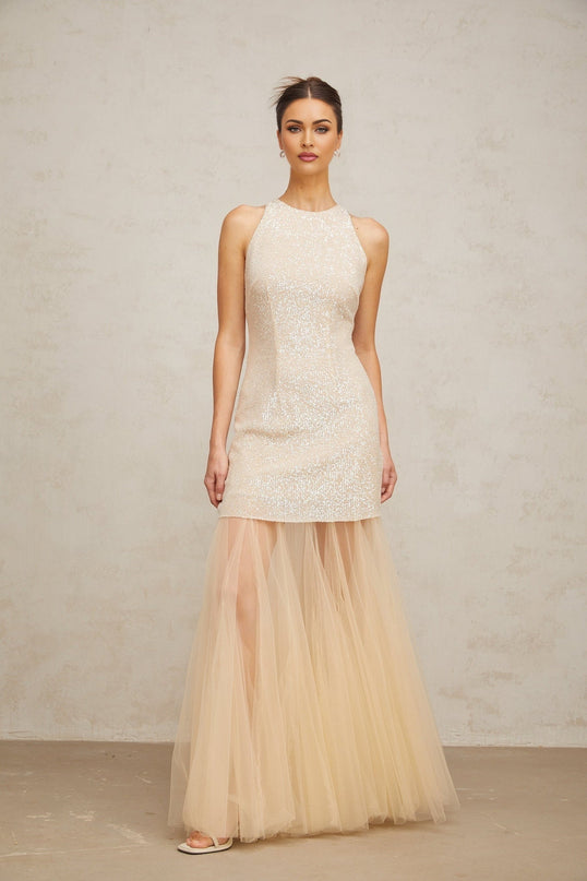Sabrina Champagne Sequin Embellished Maxi Dress with Tulle Paneling