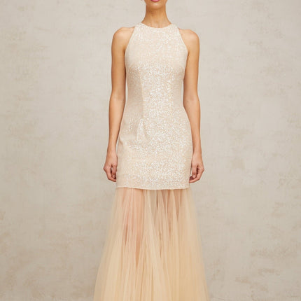 Sabrina Champagne Sequin Maxi Dress Tulle Paneling Sleeveless Pleated Detailing Round Neck Rear Zip Fastening 100% Terylene Fiber Composition Elegant Sophisticated Luxury Grace Special Occasions Women's Dress