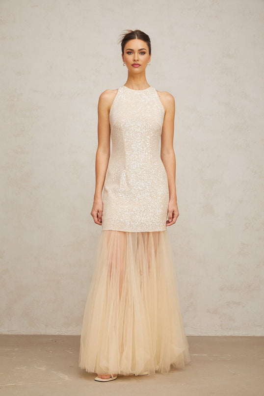 Sabrina Champagne Sequin Maxi Dress Tulle Paneling Sleeveless Pleated Detailing Round Neck Rear Zip Fastening 100% Terylene Fiber Composition Elegant Sophisticated Luxury Grace Special Occasions Women's Dress