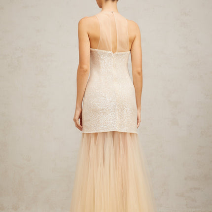 Sabrina Champagne Sequin Maxi Dress with Tulle Paneling and Pleated Detailing
