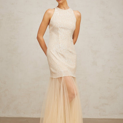 Sabrina Champagne Sequin Maxi Dress with Pleated Detailing and Tulle Paneling